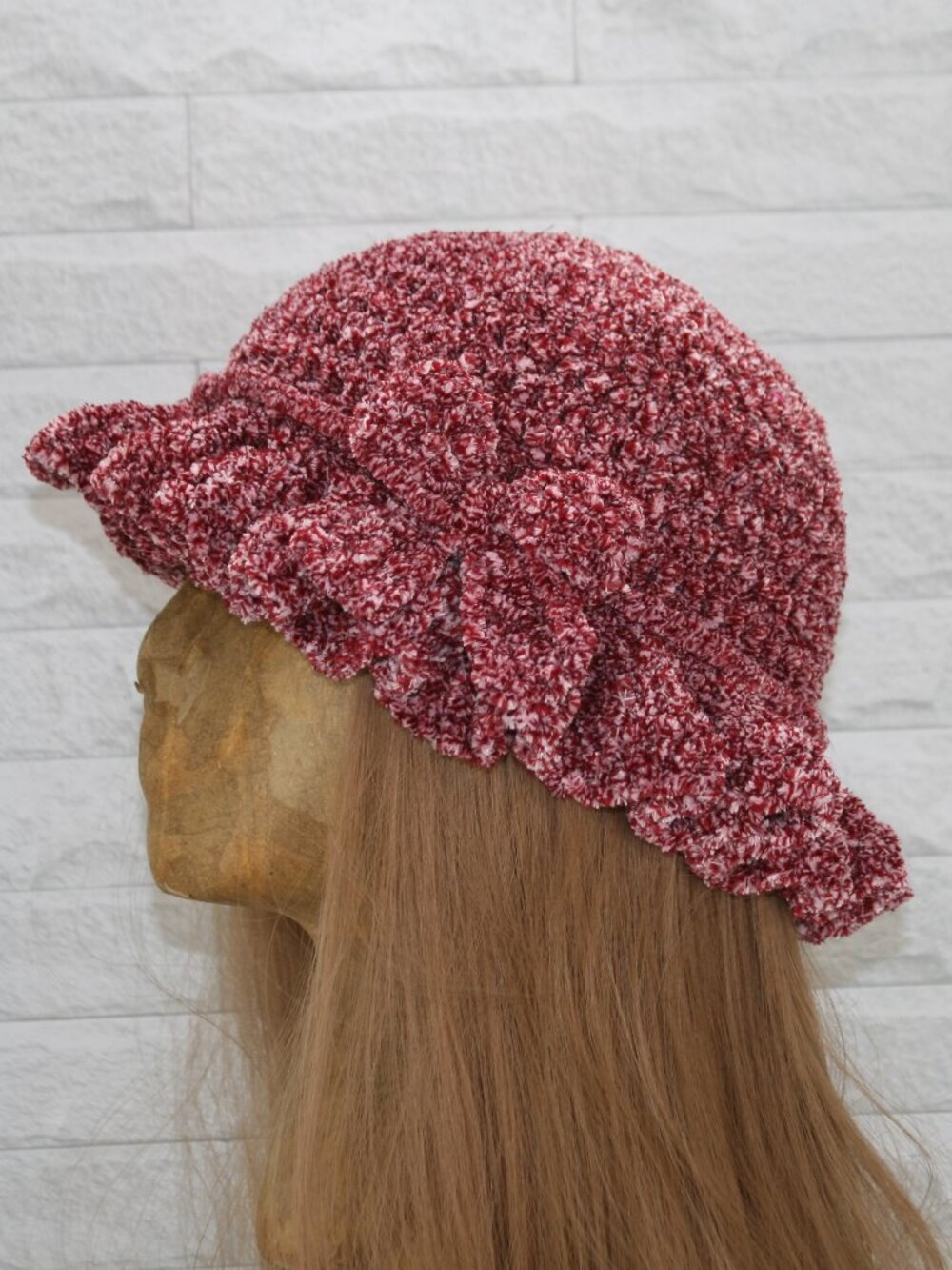 HAND CRAFTED Hat Crochet Bucket Chenille Winter Full Ruffle Red Burgundy Marled